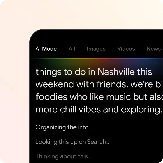 Google AI Mode interface met donkere achtergrond en zoekresultaten