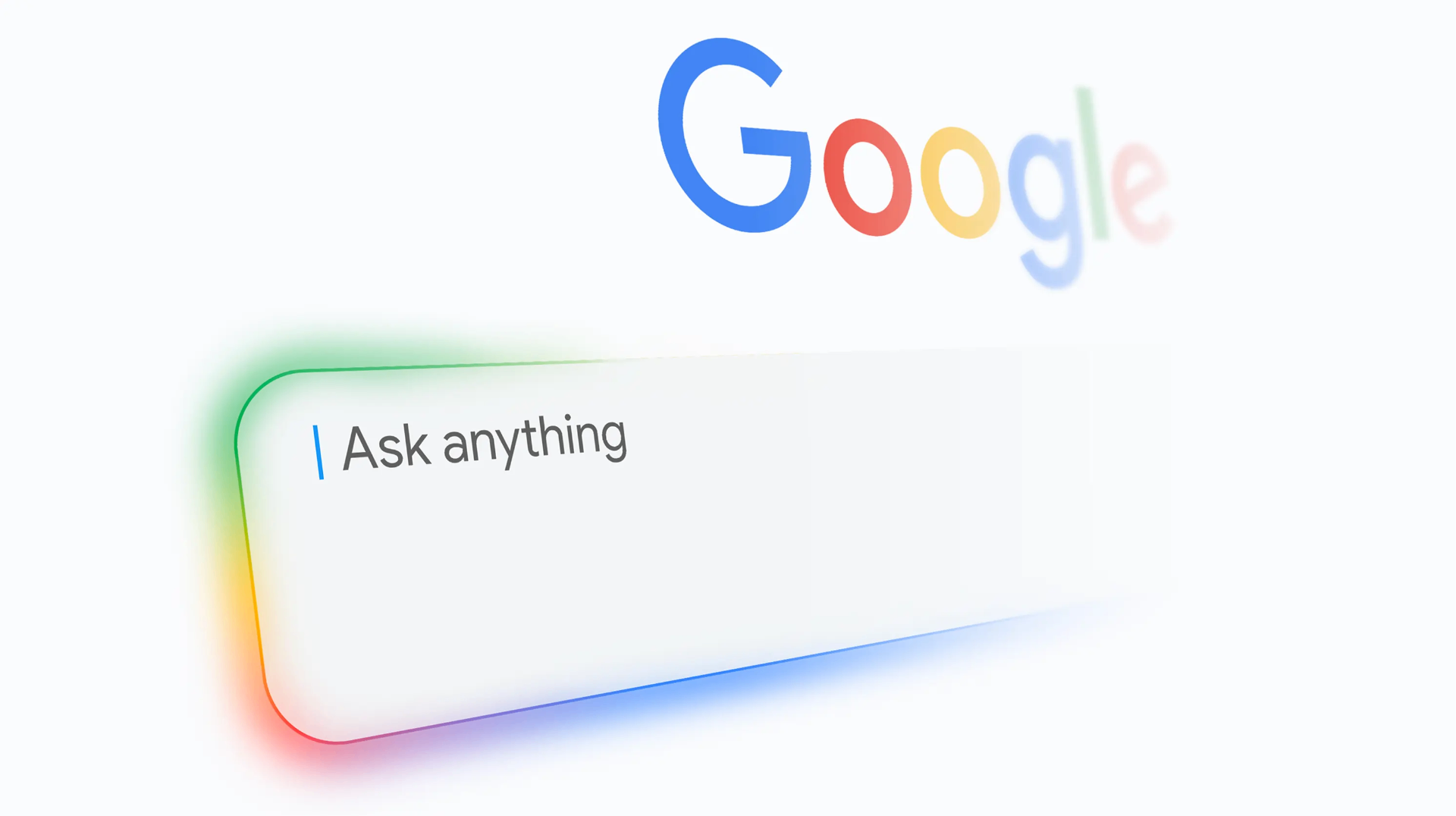 Google zoekbalk met AI-aangedreven kleurrijke rand en 'Ask anything' placeholder