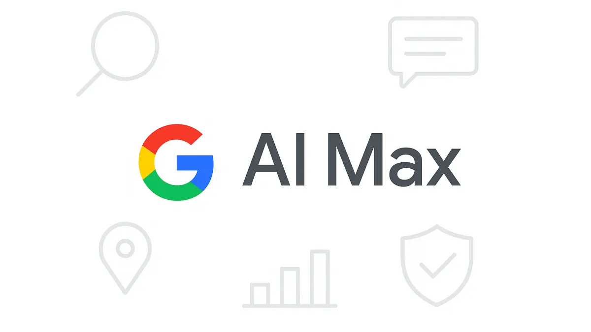 Google AI Max logo met zoek-, locatie- en analytics-iconen