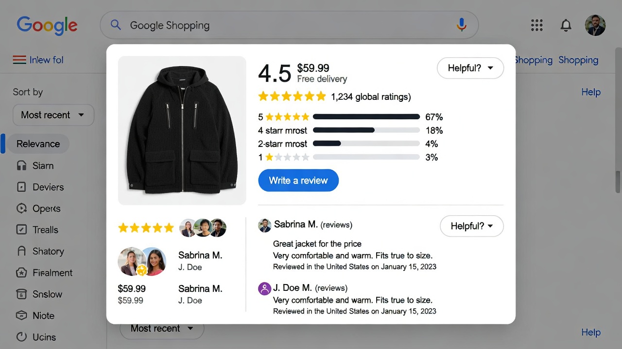 Google Shopping productdetailpagina met uitgebreide sterrenreviews en klantbeoordelingen
