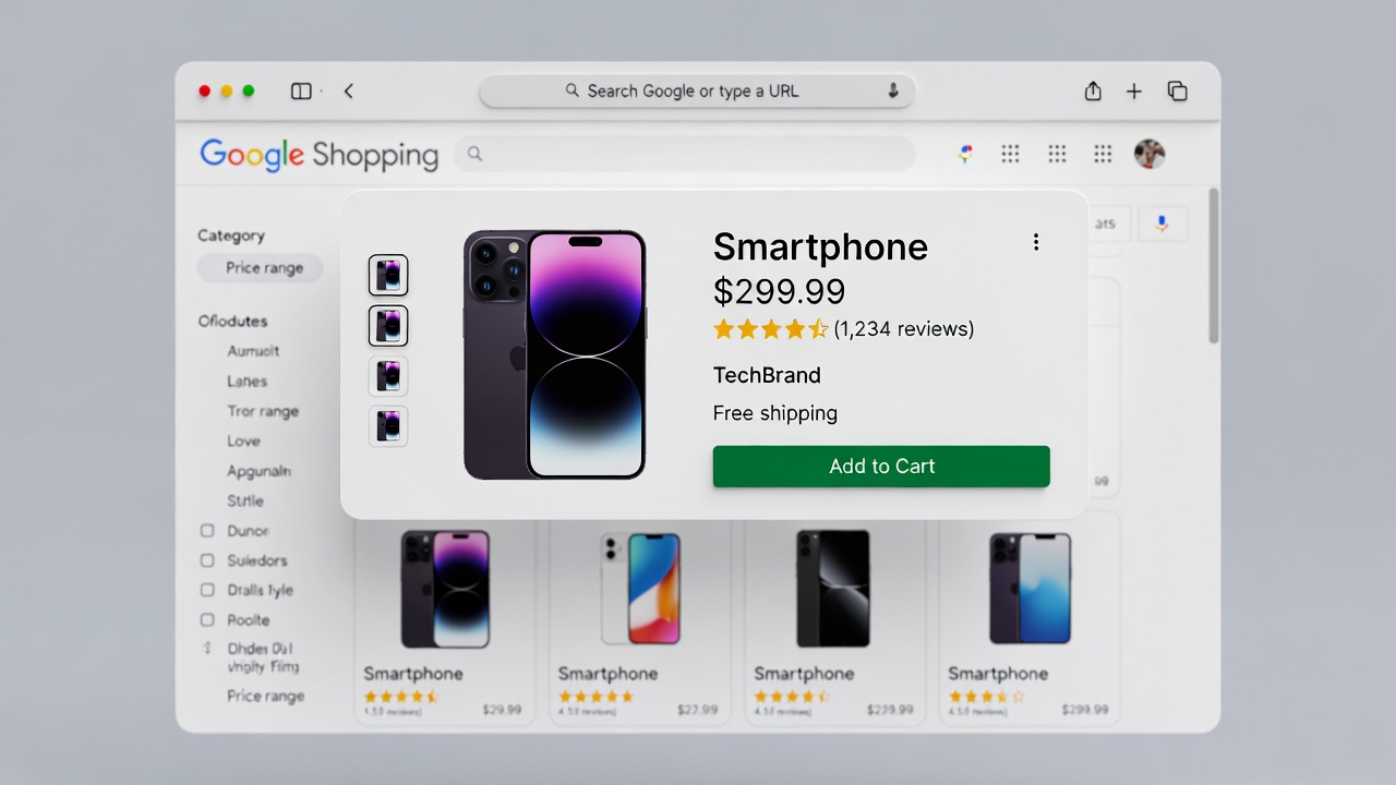 Google Shopping productpagina met sterrenrating, prijs en Add to Cart knop