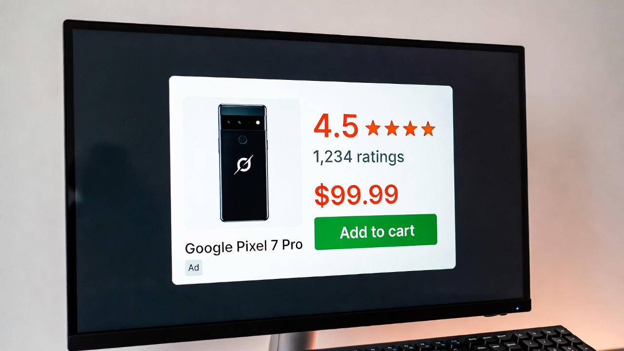 Google Shopping advertentie met productrating en Add to Cart knop