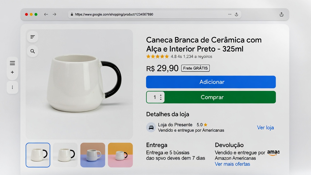 Google Shopping productpagina met gedetailleerde productinformatie en winkelbeoordelingen