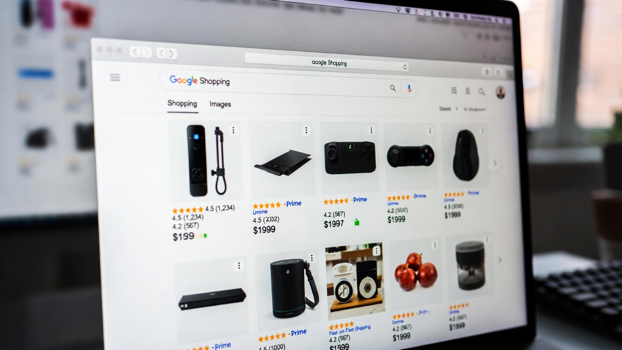 Google Shopping overzicht met meerdere producten, sterrenratings en prijzen