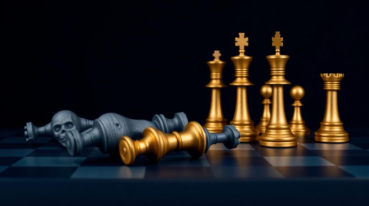 Strategisch schaakbord met gouden en grijze stukken die Heroes en Zombies campagnes verbeelden